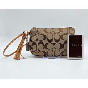 Coach Signature Canvas Wristlet Pouch Brown Tan Monogram Leather Strap Tassel